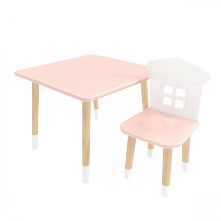 Детский комплект стол Квадратный и стул Домик розовый, с носочками, Bambini Letto